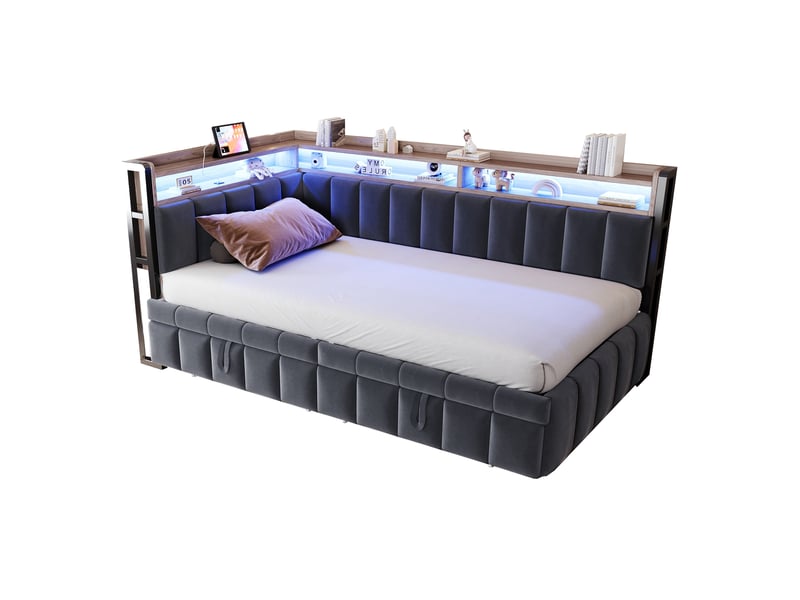  Lit enfant gigogne 90x200cm+90x190cm led, rangement, ports usb‑c, sommier à lattes, velours gris foncé sans matelas  - Conforama A
