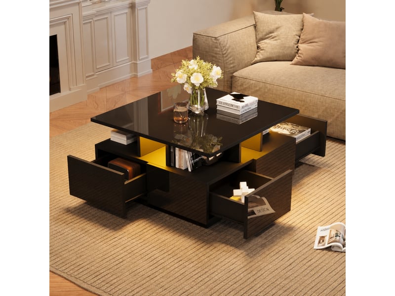  Table basse avec rangement et éclairage led, carrée 70 x 70 x 40 cm, 4 tiroirs, noir  - Conforama D