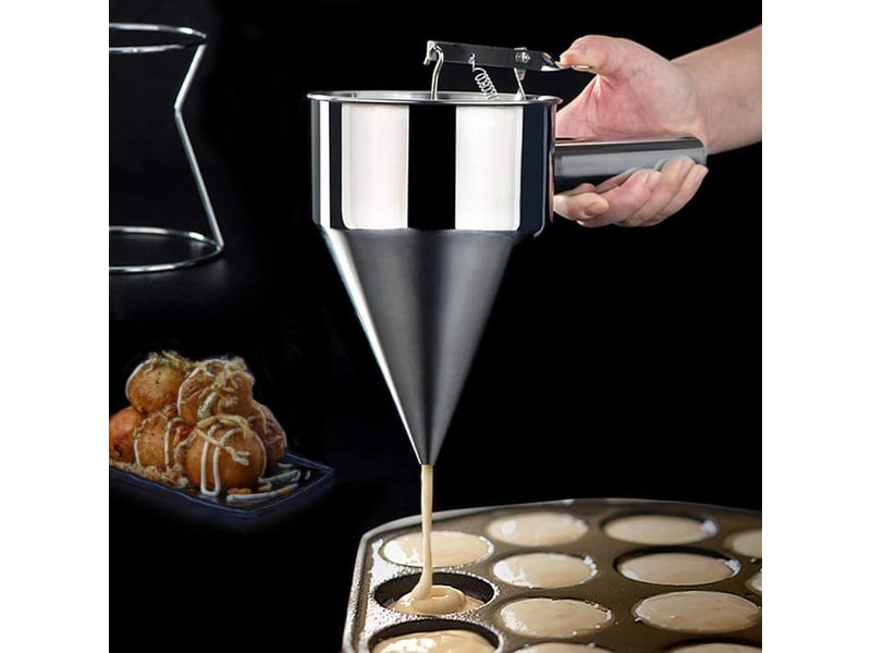  Entonnoir à pâte inox avec support - distributeur pour crêpes, gaufres, desserts et pâtisserie maison  - Conforama E