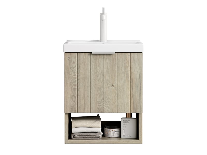  Meuble sous vasque mural avec 2 portes et étagère ouverte, vasque en céramique, salle de bain, 49×39×61 cm  - Conforama A