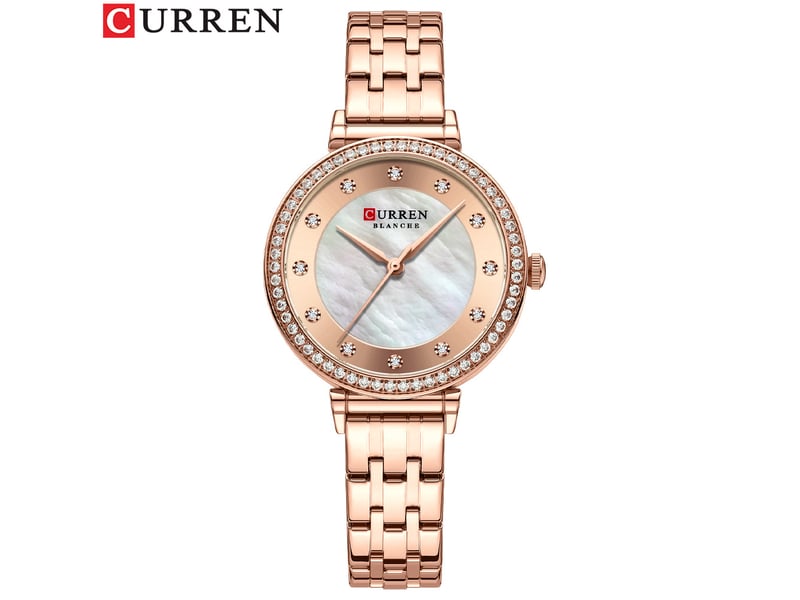(style 4) montre femme ultra-mince avec bracelet en acier inoxydable, cadran rond en nacre et strass, étanche.