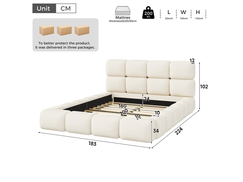  Lit plateforme 160x200 cm blanc, tissu bouclé, design nuage, tête de lit rembourrée 12 cm, sommier à lattes inclus, structure anti-glissement  - Conforama C