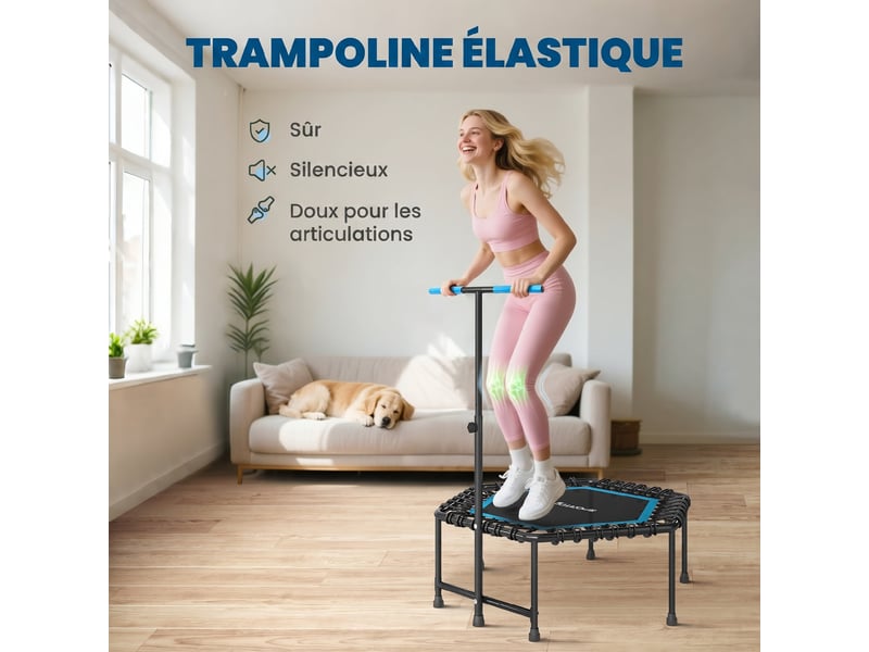 Trampoline de fitness 114 cm, cordes élastiques, poignée réglable 3 positions, trampoline d'exercice silencieux, bleu - Conforama E