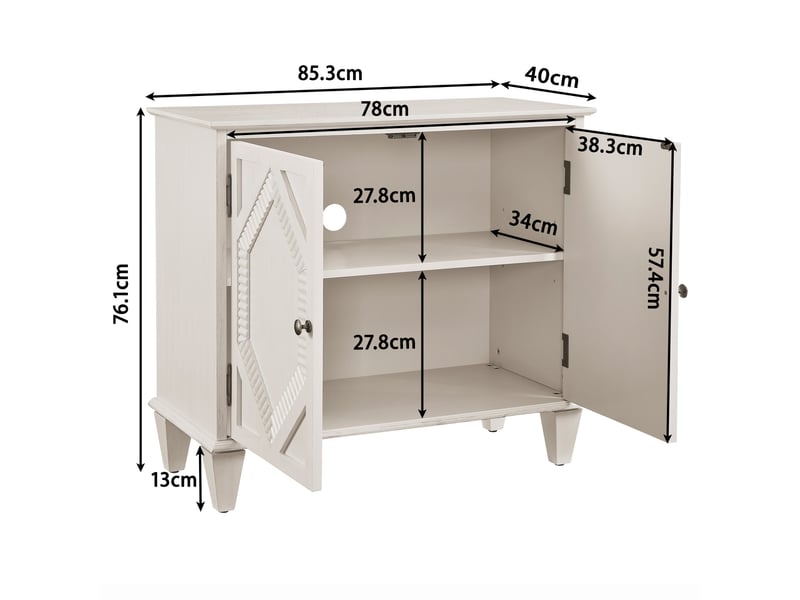  Buffet vitrine rétro 85,3x40 cm avec portes vitrées symétriques, rangement et détails géométriques, mdf et bois massif, blanc antique  - Conforama C
