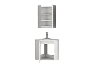 Meuble salle de bain d'angle blanc brillant avec lavabo en céramique et miroir, 41.5x41.5x50cm