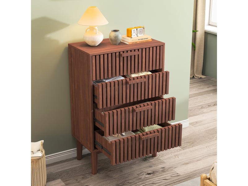  Commode 4 tiroirs - 60x34x91cm - meuble rangement chiffonnier vintage avec façades à lattes et pieds hauts - noyer  - Conforama B