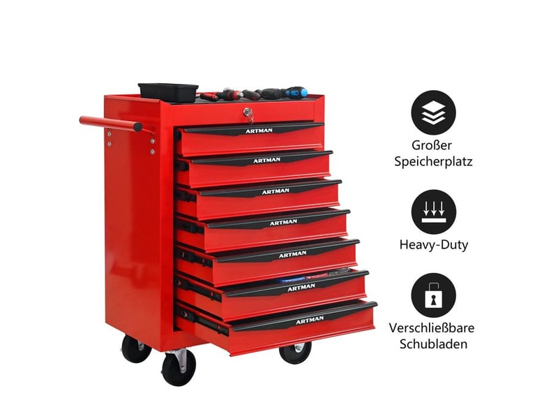  Boîte à outils à 7 tiroirs - rouge &amp; noir - acier - 24.6 kg - glissières à roulement à billes 52.4x33x65.6cm - Conforama C