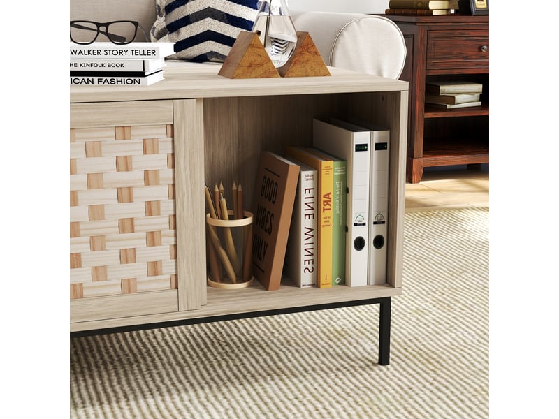 Table basse avec rangement et portes coulissantes, 106 x 50 x 47,5 cm, bois d'ingénierie, chêne - Conforama R