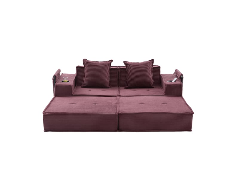  Canapé deux places en velours côtelé rouge bordeaux avec rangement latéral, coussins et assise modulable pour salon et coin lecture  - Conforama A