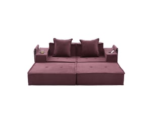 Canapé deux places en velours côtelé rouge bordeaux avec rangement latéral, coussins et assise modulable pour salon et coin lecture