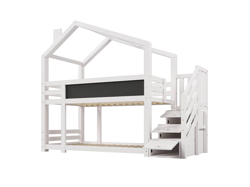  Lit superposé enfant 90x200 cabane avec tableau et escalier de rangement - bois massif blanc  - Conforama A