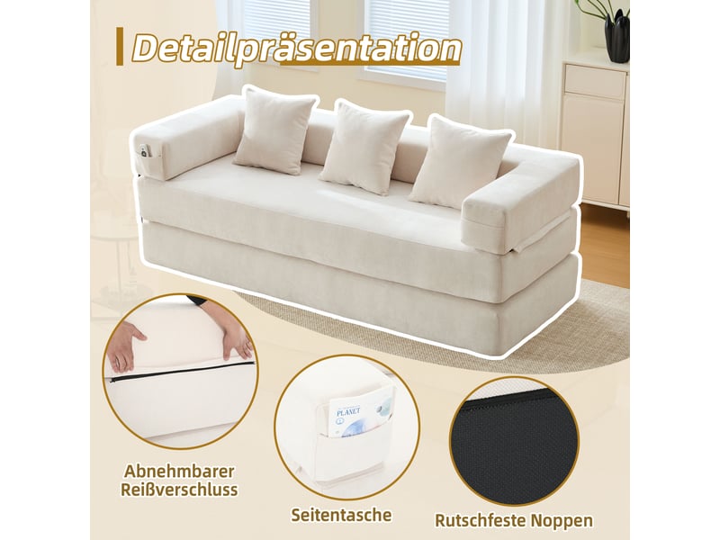 Canapé modulable 2 places 198x79x60 cm convertible en lit 198x159x41 cm, blocs combinables, poches latérales, base antidérapante, chenille beige - Conforama E