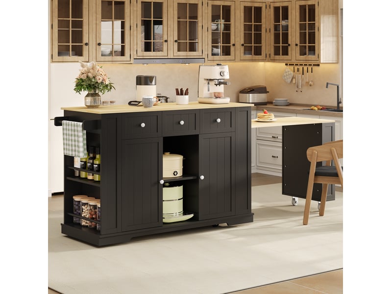  Îlot de cuisine mobile 138 à 213 x 55 x 93 cm avec table extensible, prises et rangements, noir et naturel  - Conforama E