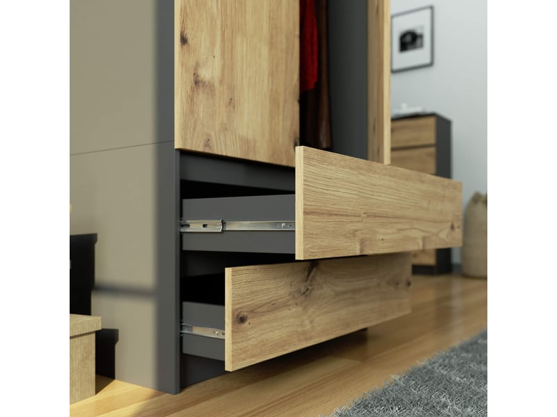 Armoire avec surmeuble akord s90 gris graphite 90 cm 2 portes 2 tiroirs façade chêne artisan 6 étagères 90x51x234 cm - Conforama E