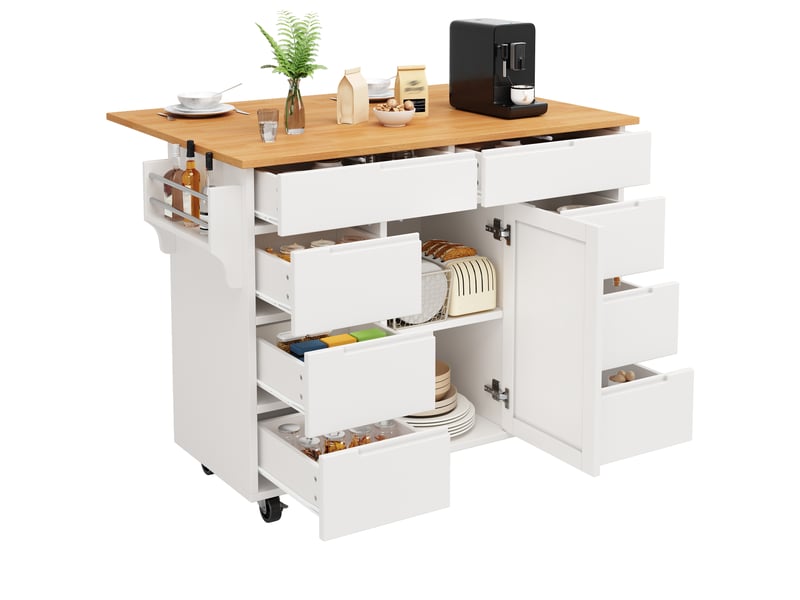Îlot de cuisine mobile 122 x 46-74.5 x 91.5 cm avec plateau rabattable, 8 tiroirs, étagère réglable et roulettes, blanc - Conforama A
