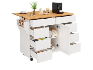 Îlot de cuisine mobile 122 x 46-74.5 x 91.5 cm avec plateau rabattable, 8 tiroirs, étagère réglable et roulettes, blanc