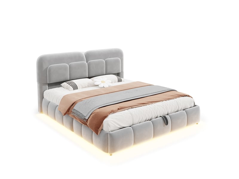  Lit coffre 140x200 cm, lit double, rangement hydraulique, led, velours gris  - Conforama B