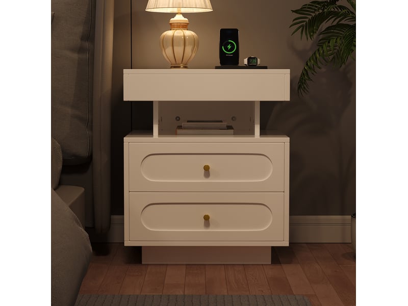  Table de chevet tcqpz led 2 tiroirs niche ouverte 50 x 40 x 60 cm panneau de particules blanc  - Conforama D