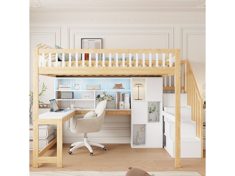 Lit mezzanine blanc et naturel 140x200 cm, led, bureau, escalier-rangement, étagères  - Conforama B