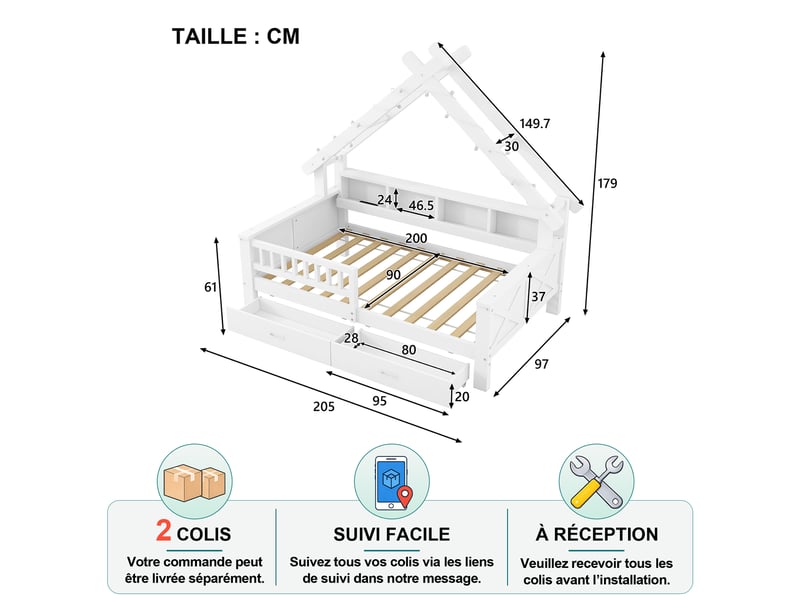  Lit cabane enfant simple 90×200 cm avec led, étagères et 2 tiroirs - okmyhome- blanc, sans matelas  - Conforama D