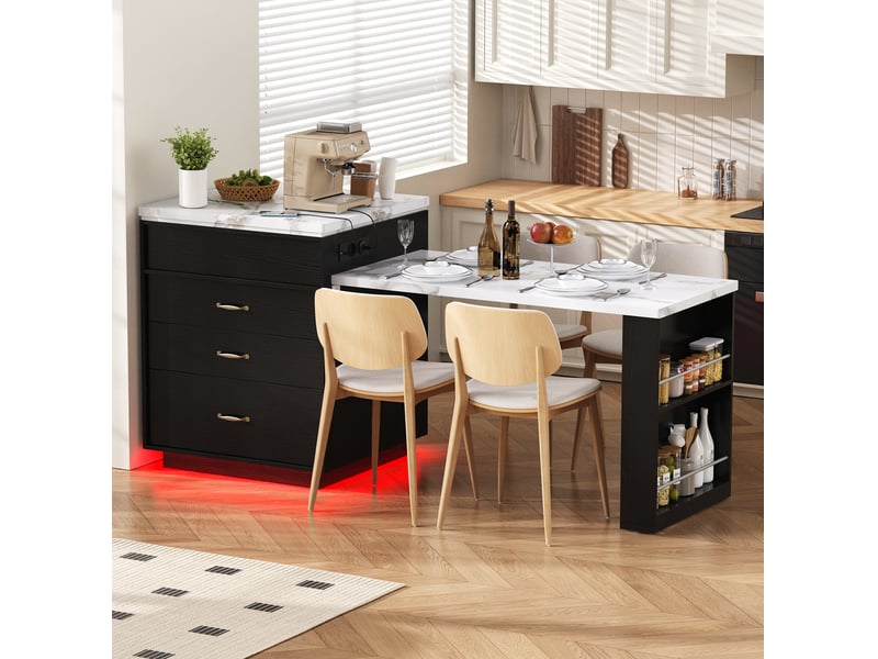  Îlot de cuisine extensible à roulettes 125,5-187,5 cm avec led et prises usb-c, noir  - Conforama B