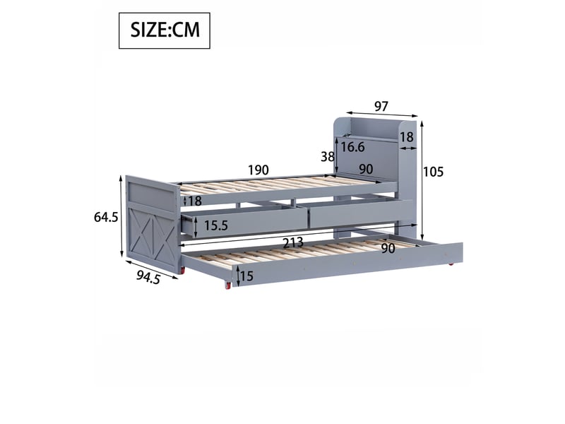  Lit simple en pin massif 90x190 multifonctionnel avec tiroir extractible, sommier à lattes, table de nuit usb, gris  - Conforama B