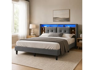 Lit rembourré ulevr avec tête de lit de rangement 160x200 cm usb led bois gris