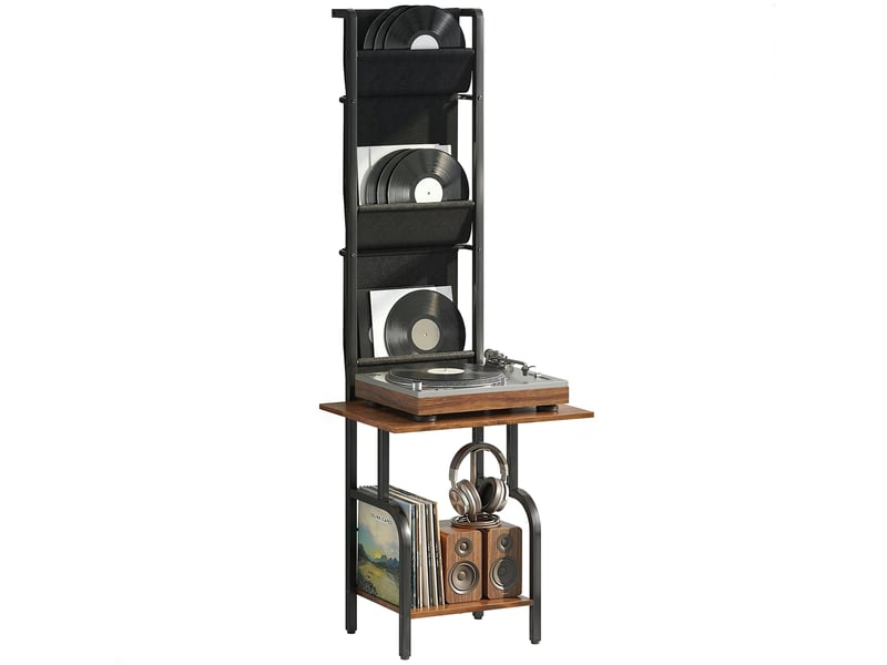  Présentoir à cd industriel, support de rangement pour cd et dvd avec 3 poches en tissu et plateau, aspect bois rustique marron  - Conforama A