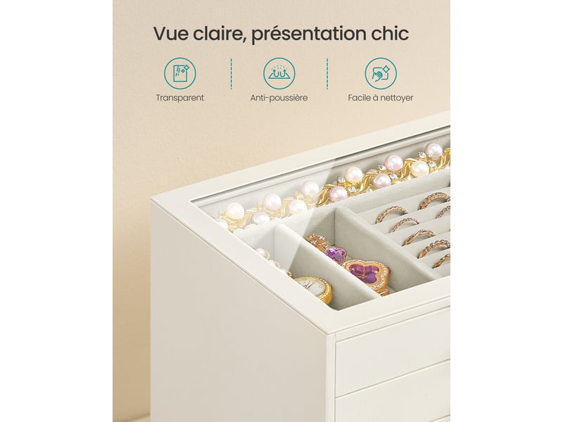 Grande boîte à bijoux femme avec 5 tiroirs et couvercle en verre, coffret cadeau, 24 x 17,2 x 18,4 cm, blanc - Conforama E
