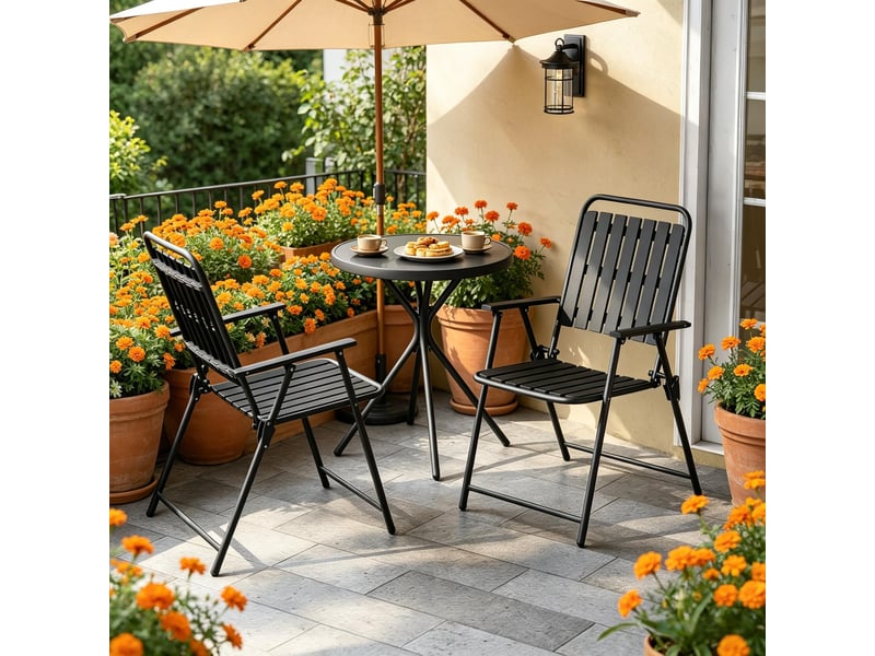  Salon de jardin,3 pièces avec table et chaises pliantes,métal et verre,noir  - Conforama B