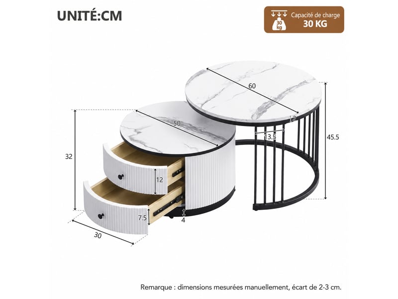  Set de 2 tables basses gigognes rondes – blanc et noir – décor marbre brillant, 2 tiroirs – ø6050 cm  - Conforama D