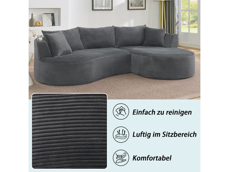  Canapé d’angle 3 places avec porte-gobelets et coussins  - design arrondi en velours côtelé gris  - Conforama E