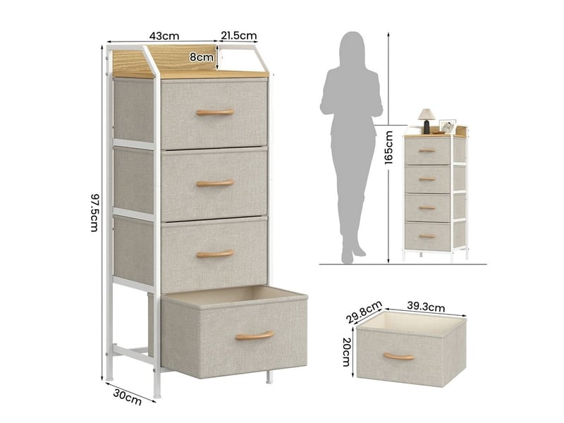  Commode haute quatre tiroirs tissu meuble rangement 98 cm blanc beige  - Conforama D