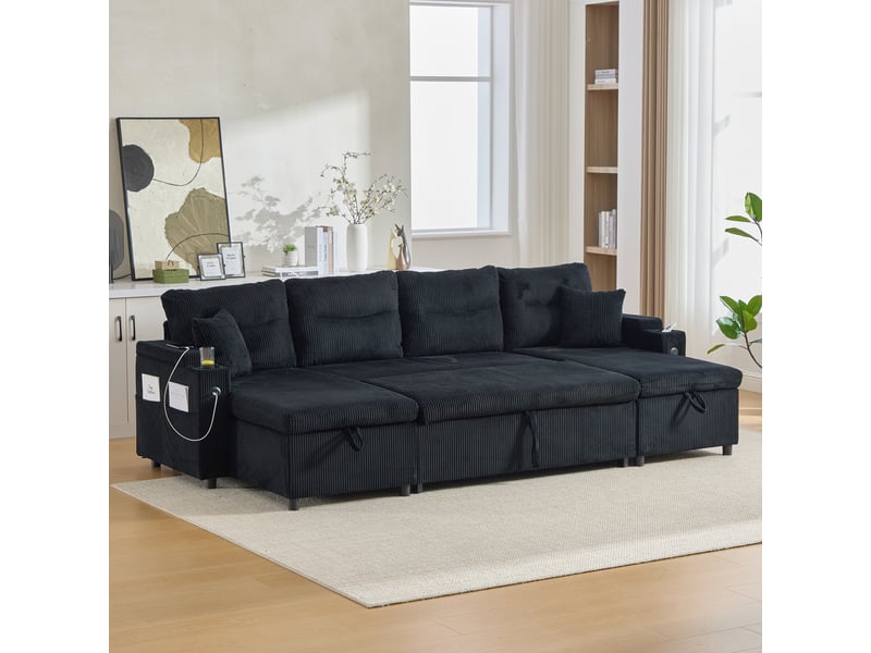  Canapé panoramique convertible en lit 272 cm, 4 places avec double méridienne, rangements, porte-gobelets, usbtype-c, velours côtelé, noir  - Conforama C