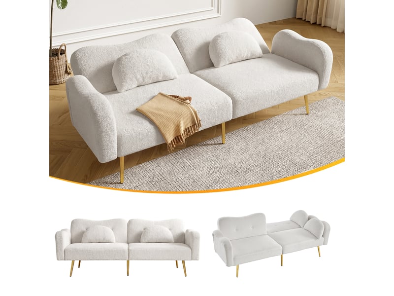  Canapé convertible 2 places design moderne, canapé tissu bouclette blanc avec dossier inclinable 3 positions et pieds en métal doré.  - Conforama D