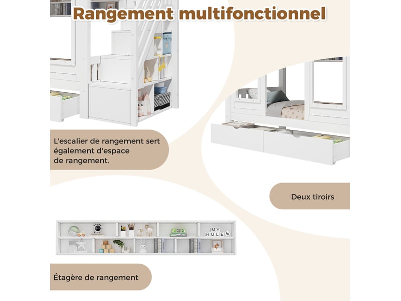  Lit superposé enfant 90 × 200 cm avec escalier de rangement, tiroirs, niches ouvertes et barrières de sécurité, blanc  - Conforama D