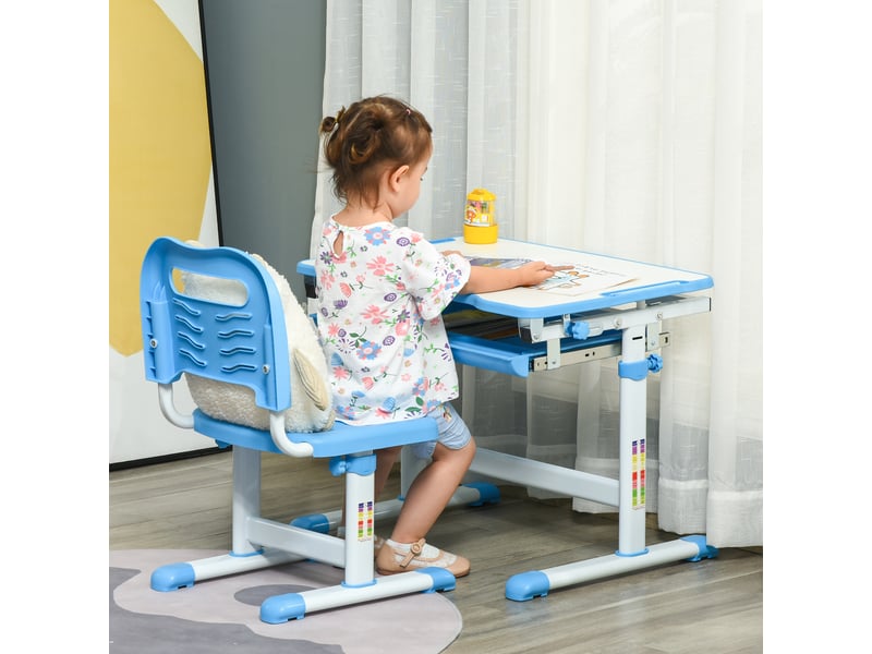  Ensemble bureau chaise 2en1 enfant dès 6 ans, table hauteurinclinaison réglable, plateau coulissant, 66x47x77 cm, bleu.  - Conforama B