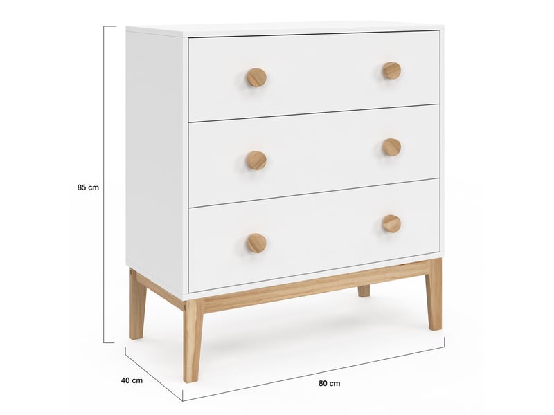 Commode 3 tiroirs jacob 80 cm enfant blanc et bois  - Conforama F
