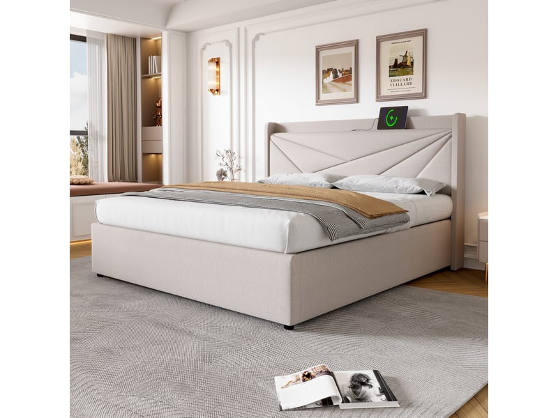  Lit avec rangement 140x200 cm, ports usb et usb-c, sommier à lattes, structure en tissu coton-lin, pour chambre enfant - beige  - Conforama D