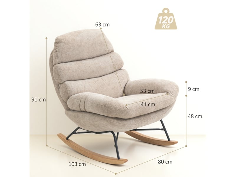  Fauteuil à bascule rembourré blanc crème avec pieds en acier et bois 80x103x91 cm  - Conforama C