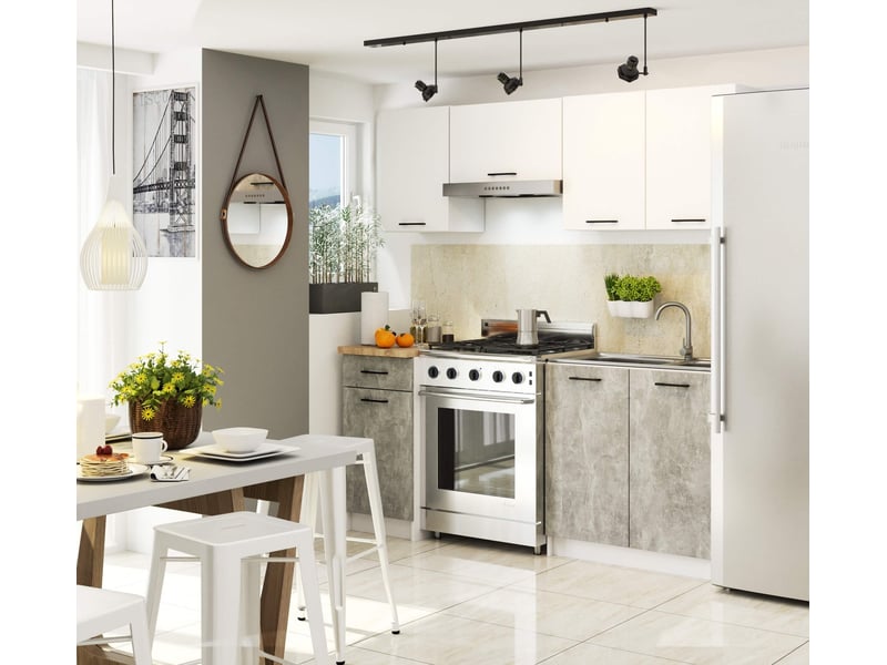  Ensemble de cuisine akord oliwia 1.8m blanc 180 cm 7 portes 1 tiroir façade béton 8 étagères 180x46x203 cm Oliwia 1.8M - Conforama B