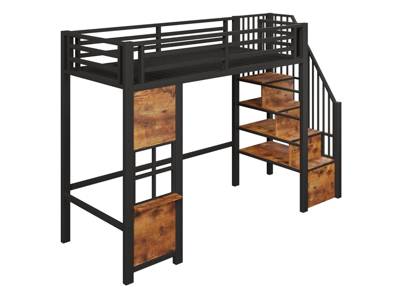 Lit mezzanine métal noir 90×200 cm avec échelle rangement et garde-corps - Conforama E
