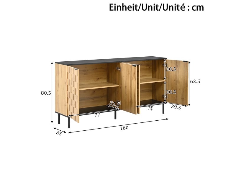  Buffet 160x35x80,5 cm, meuble de cuisine et salon, 4 portes, design mosaïque, panneau de particules naturel, rangement  - Conforama C