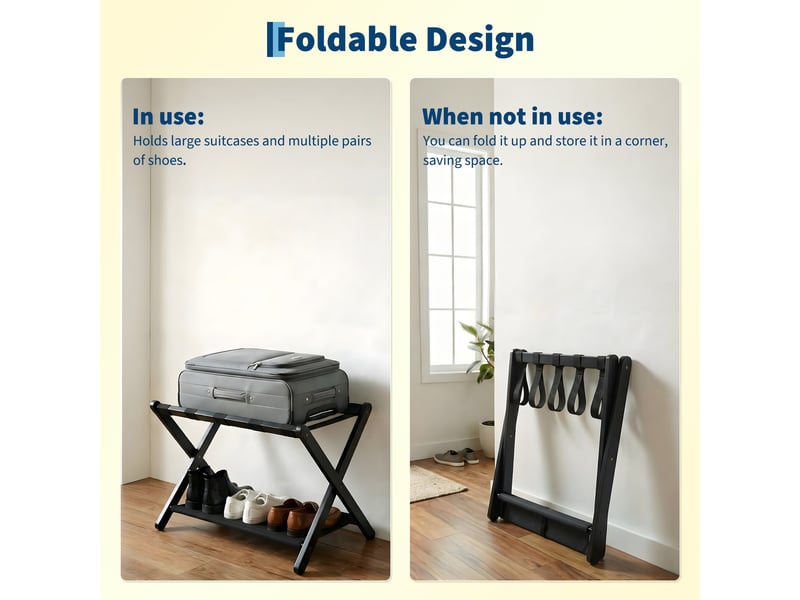 Porte-bagages pliant de luxe en bambou avec étagère, sangles nylon résistantes, charge 50 kg – chambre d'amis, salon, hôtel-noir PHK_37RDR8SN - Conforama D