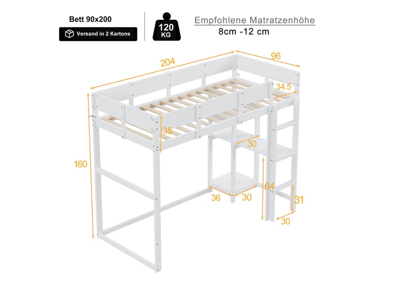  Lit mezzanine avec étagère 90x200 cm, lit enfant en pin massif avec sommier à lattes, cadre de lit surélevé blanc pour chambre  - Conforama R