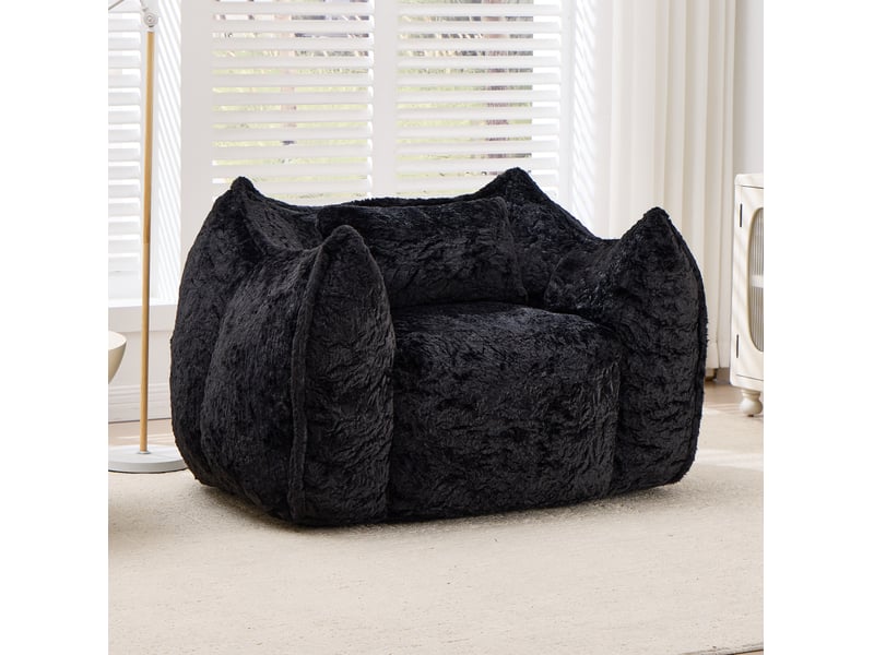  Fauteuil‑poire géant 123x97x73 cm avec coussin, sans montage, fauteuil relax moelleux, remplissage mousse, fausse fourrure, noire  - Conforama B
