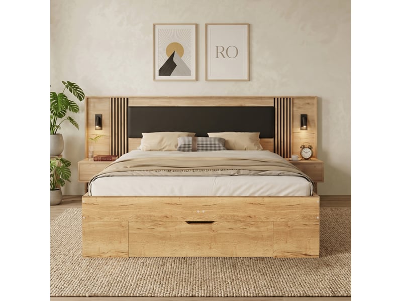  Lit double 180×200 cm avec rangement, lampe de lecture, 2 chevets, tiroirs, matelas inclus en mdf naturel  - Conforama D