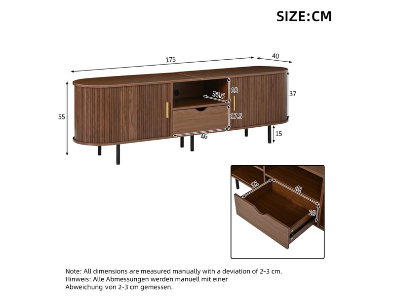  Meuble tv 175x40x55 cm - meuble bas arrondi avec porte à rideau, tiroir et niches ouvertes, charge 50 kg, mdf - noyer  - Conforama C
