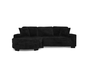 Canapé d'angle modulable 4 places en velours côtelé noir avec pouf ovale réversible et coussins