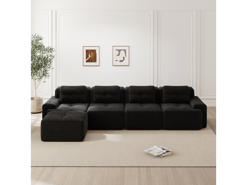 Canapé d'angle, canapé modulable; base antidérapante, sans cadre, sans montage, avec méridienne, en velours, 4 places, style cloud, noir - Conforama R